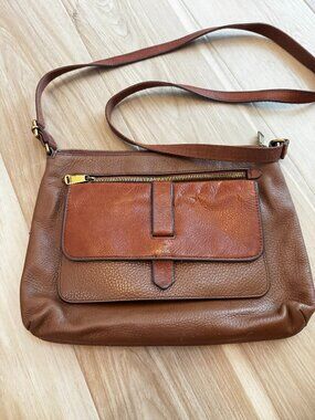 Vintage Fossil Brown Leather Crossbody Bag Cognac Pebbled Leather Purse